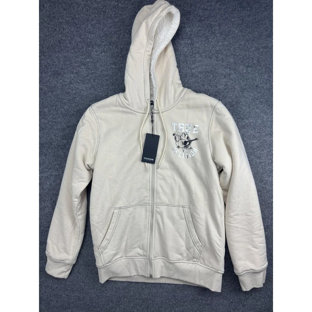 True Religion Hoodie Mens Small Beige Full Zip Sherpa Fleece Buddha Graphic